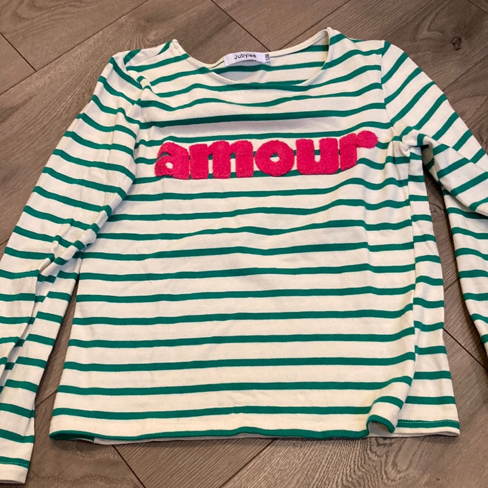 Jubylee-Paris white and green LS striped amour hot pink chenille letters